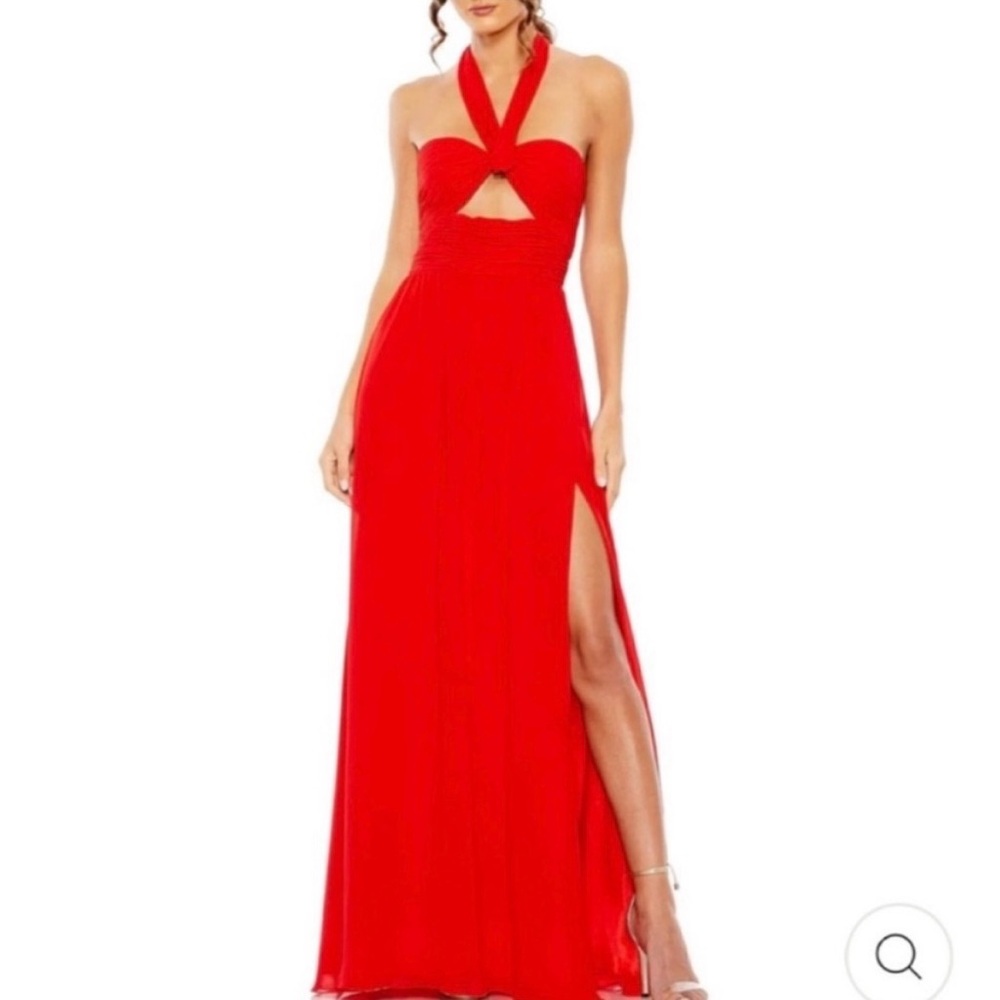 Mac Duggal red halter neck , high slit.